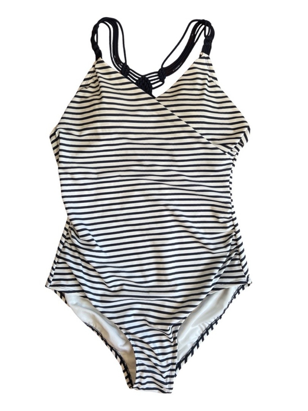 Kona Sol Navy White Striped Macrame Strap One Piece Swim Suit SZ XL X-Large